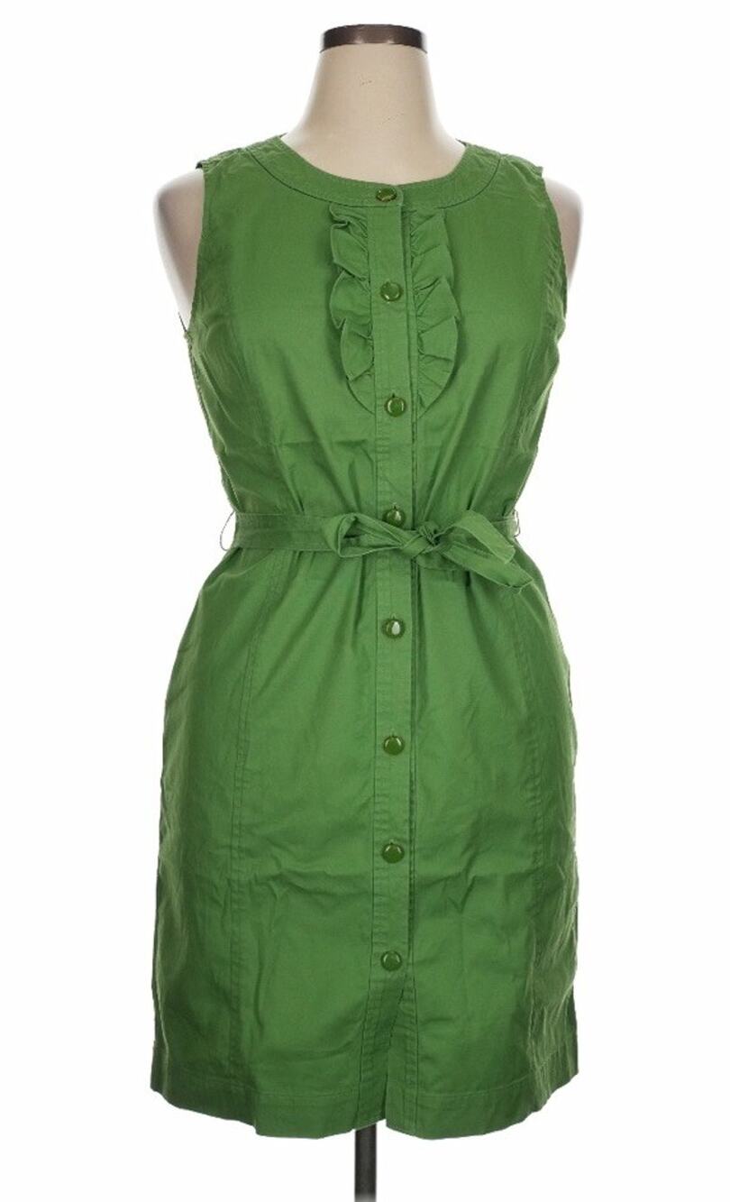 Talbots Green Sleeveless Belted Button Down Ruffled Dress 8P Petite (K